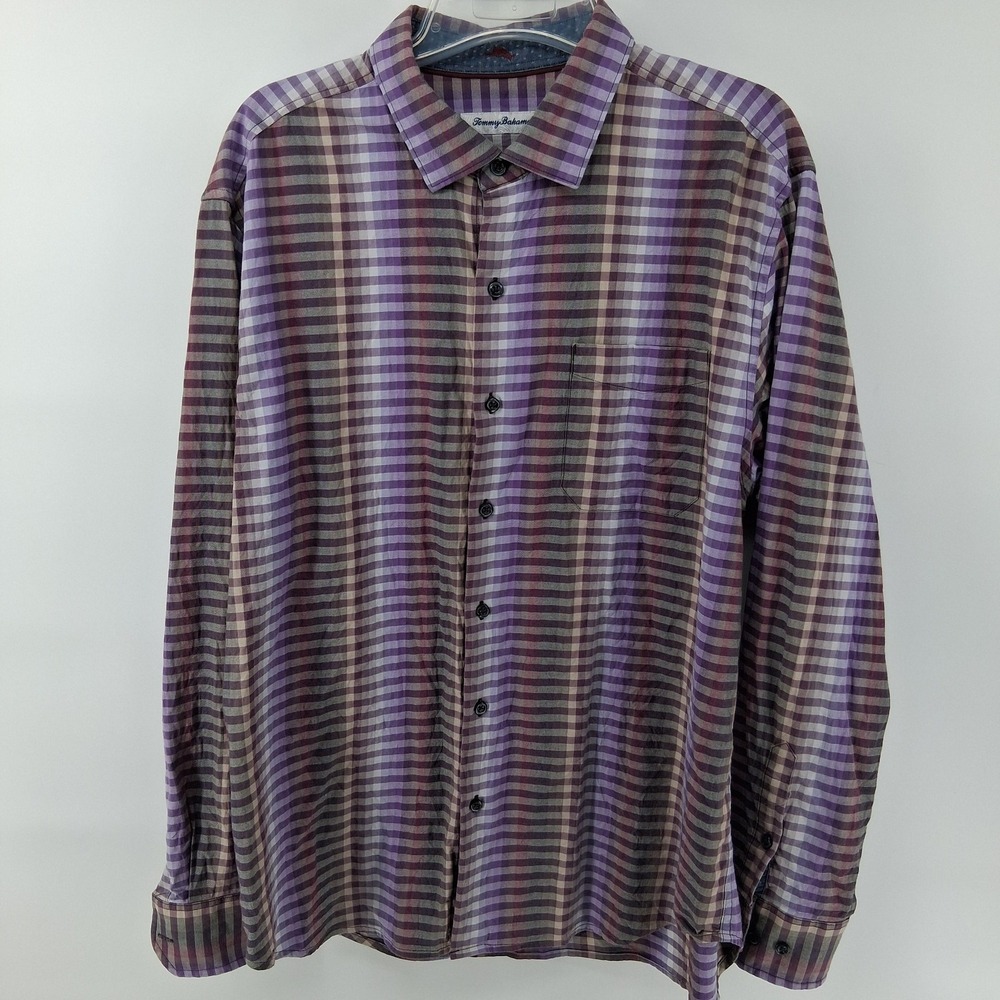 Tommy Bahama Shirt Mens Large Purple Plaid Cotton Silk Stretch Button Up Casual